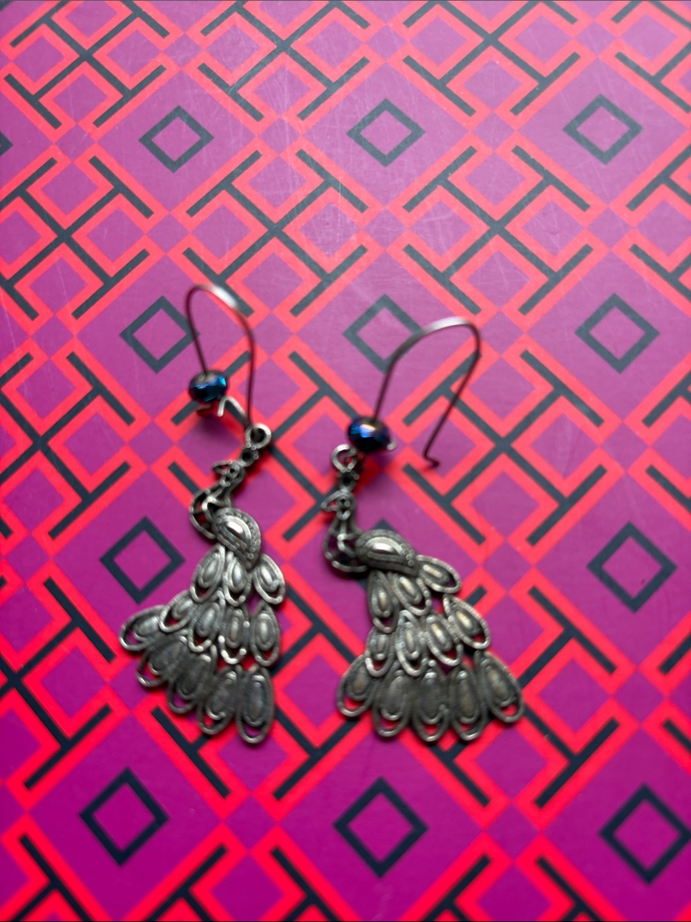 Silver-Tone Peacock Drop Earrings in Blue